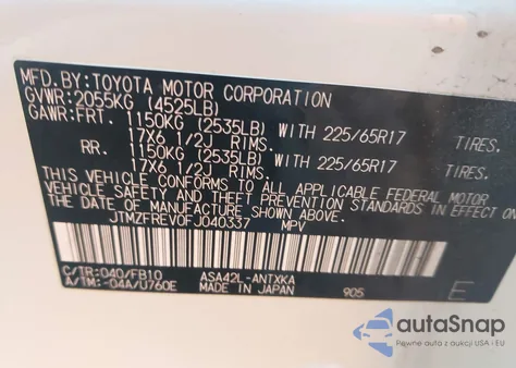 2015 Toyota Rav4 Le z USA, uszkodzony, nr VIN JTMZFREV0FJ040337